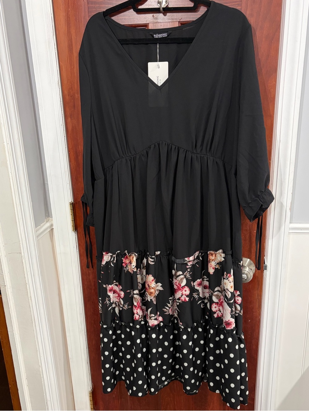 BloomChic Black Dress with Pink & Cream Floral and White Polka Dot Tiers
